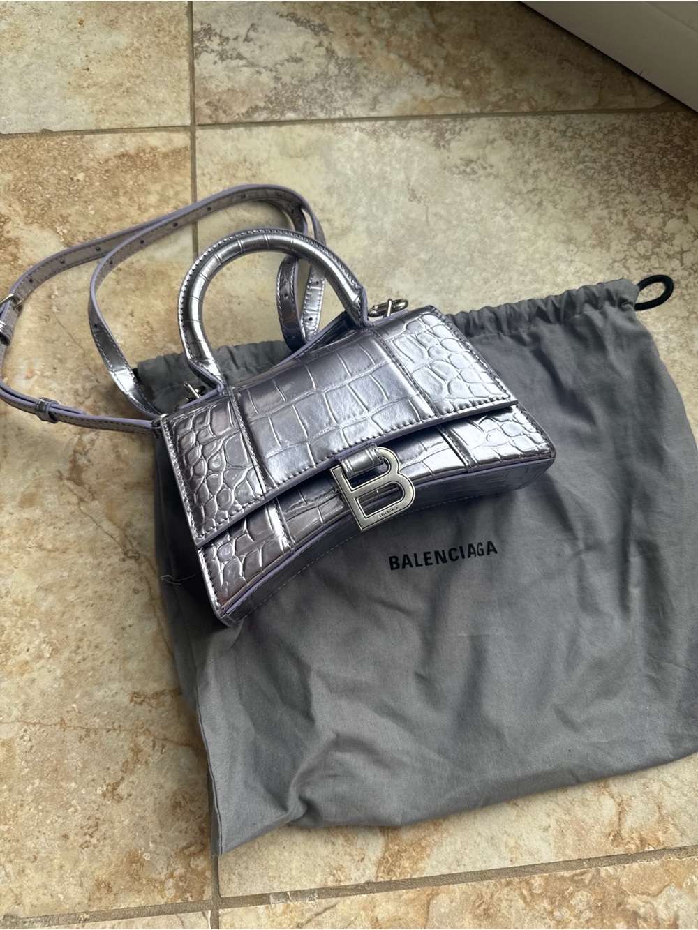 Balenciaga Metallic Lilac Croc-Embossed Top Handle Satchel XS
